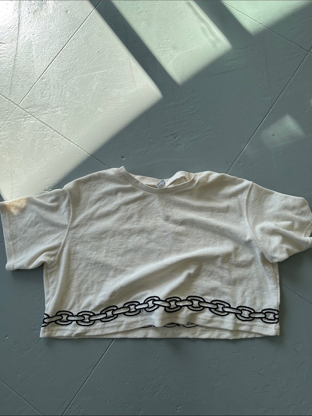 Off white terry crop top with hand embroidered cherry graphic on back - Picture 4 of 5
